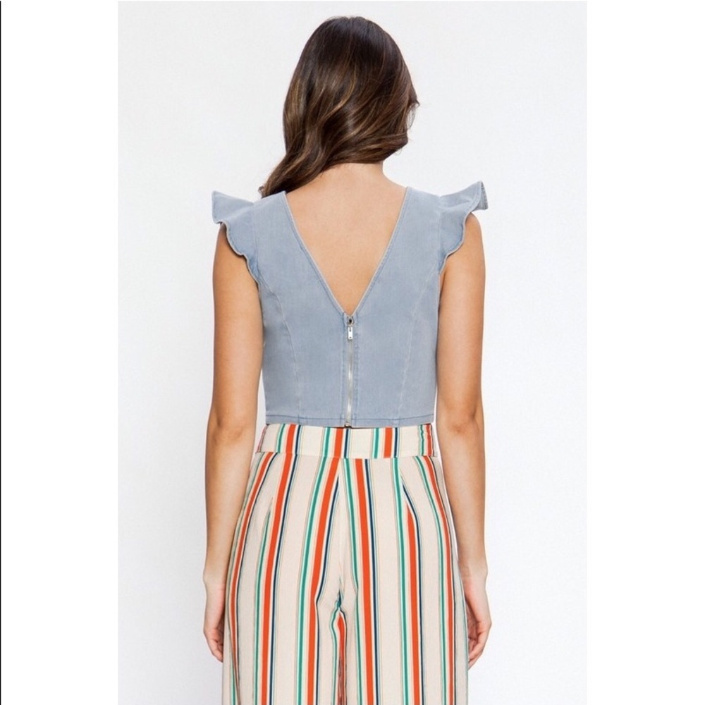 Denim Ruffle Sleeve Crop Top - Picture 3 of 8